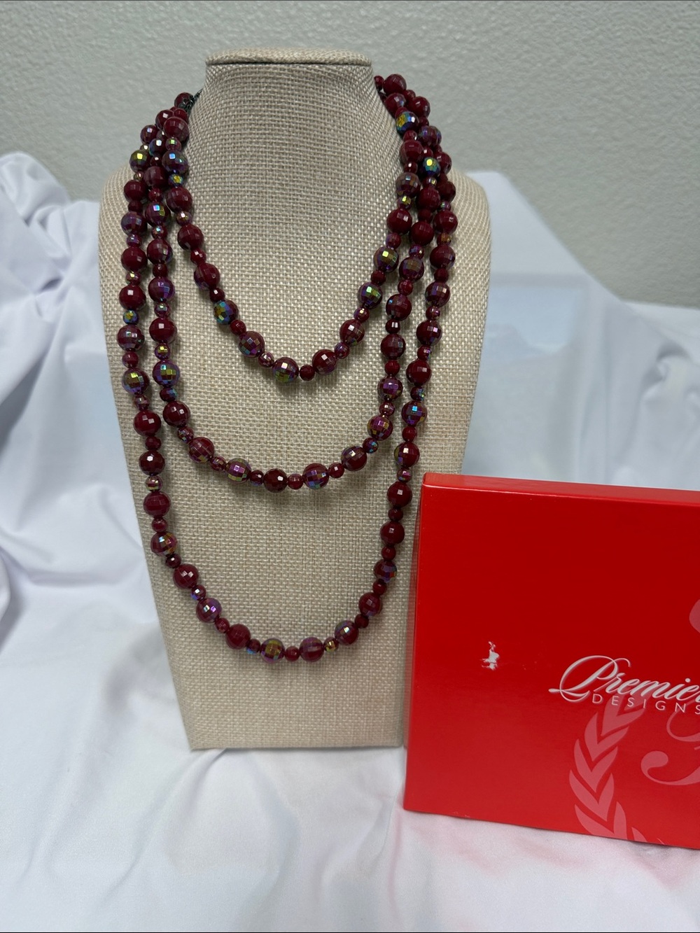 Premier Designs 60” long  Burgundy Bead Necklace with Iridescent Accents